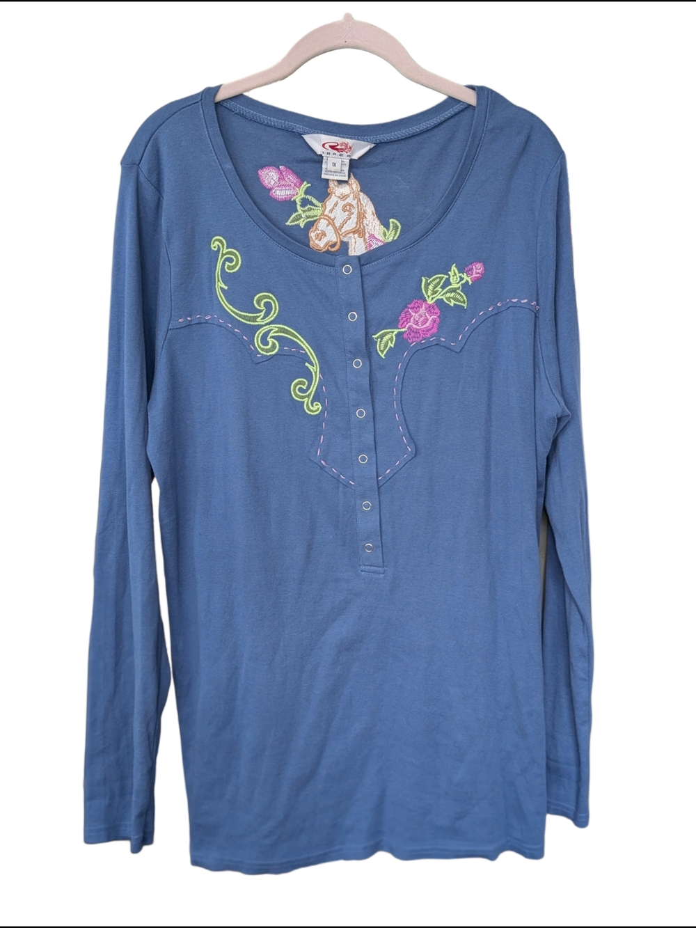 Vintage 90's Blue Long-Sleeve Embroidered Western Rustic Henley Top - Roper XL